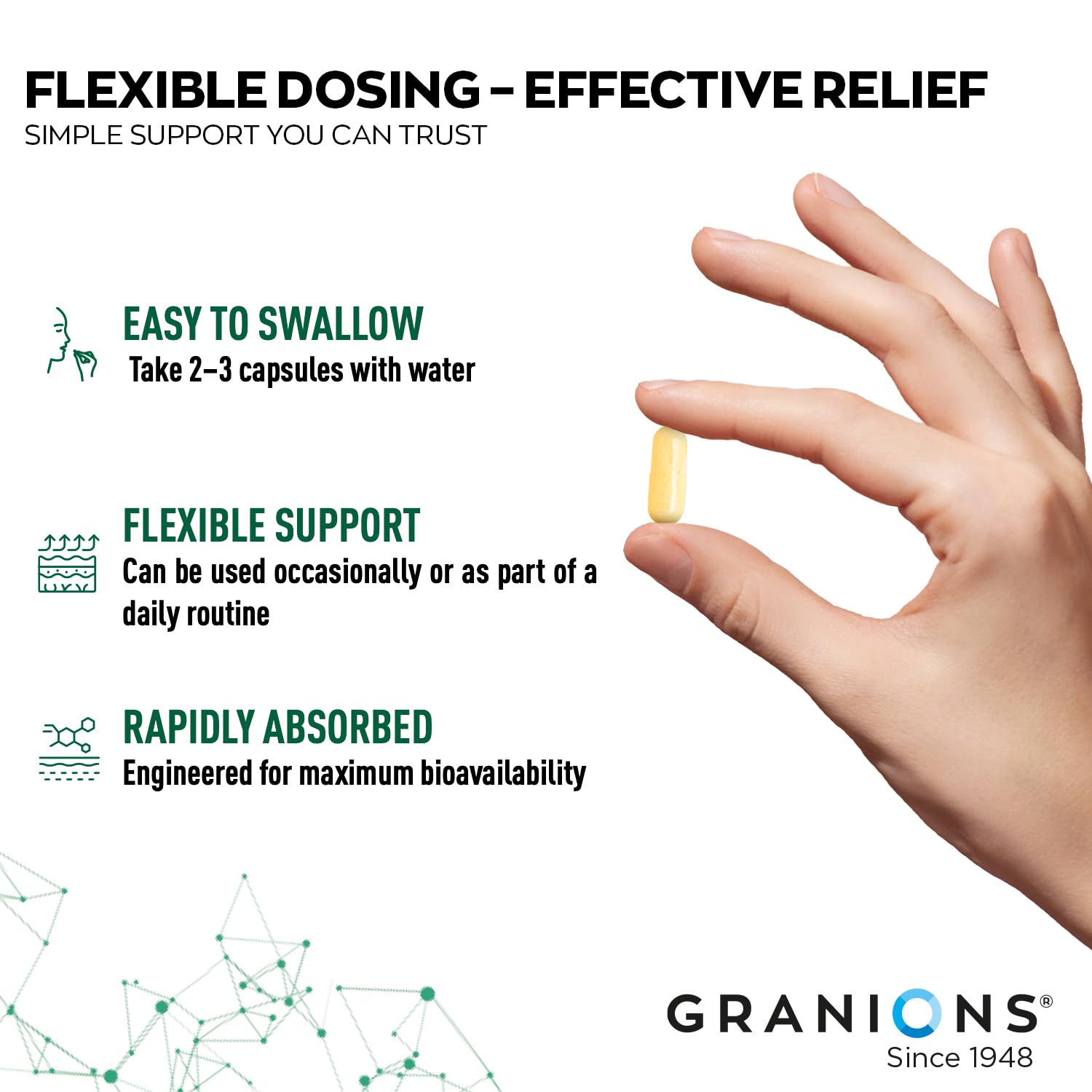 Granions vegan allergen-free formula capsule on clean label background