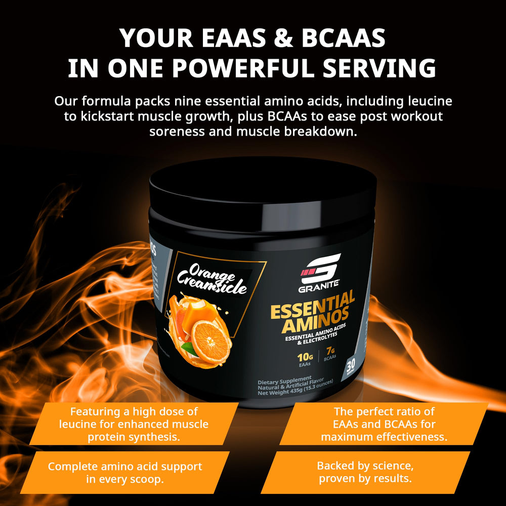 Granite Essential Amino Acids label communicates soy-free and gluten-free formulation.