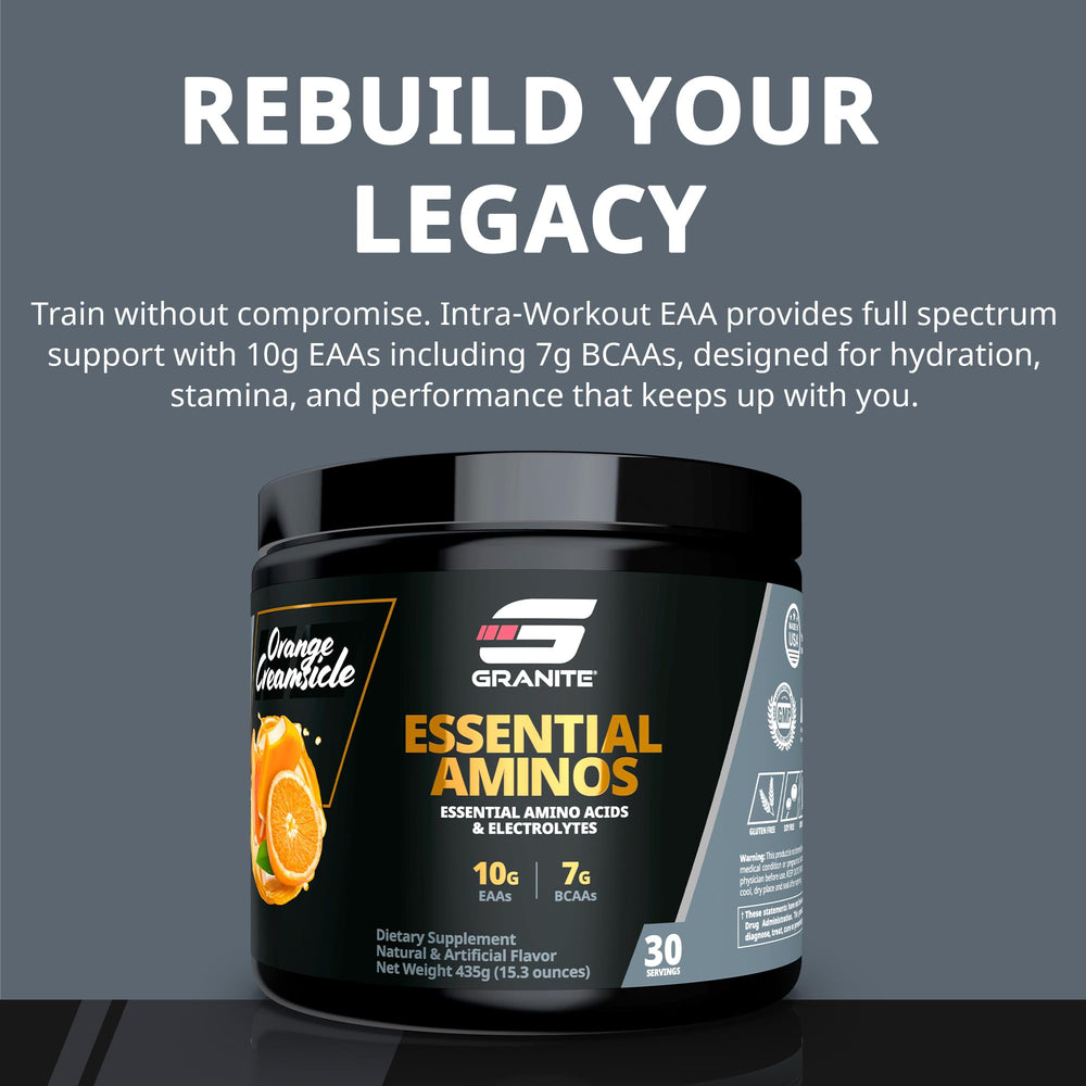 Granite Essential Amino Acids powder scoop in shaker promotes intra-workout energy.