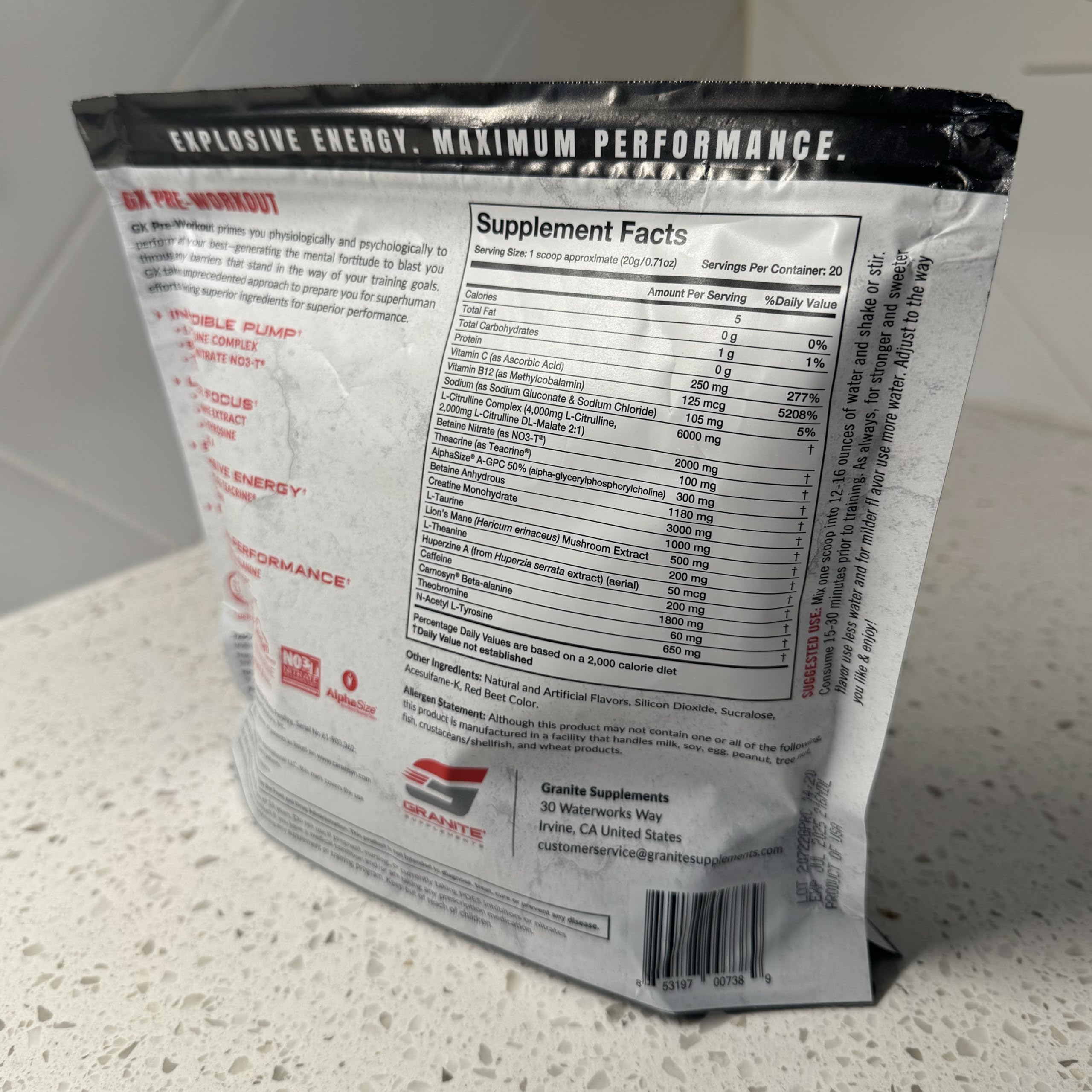 Granite GX Sour Power flavor pour, quick visual of a tangy pre-workout ritual.