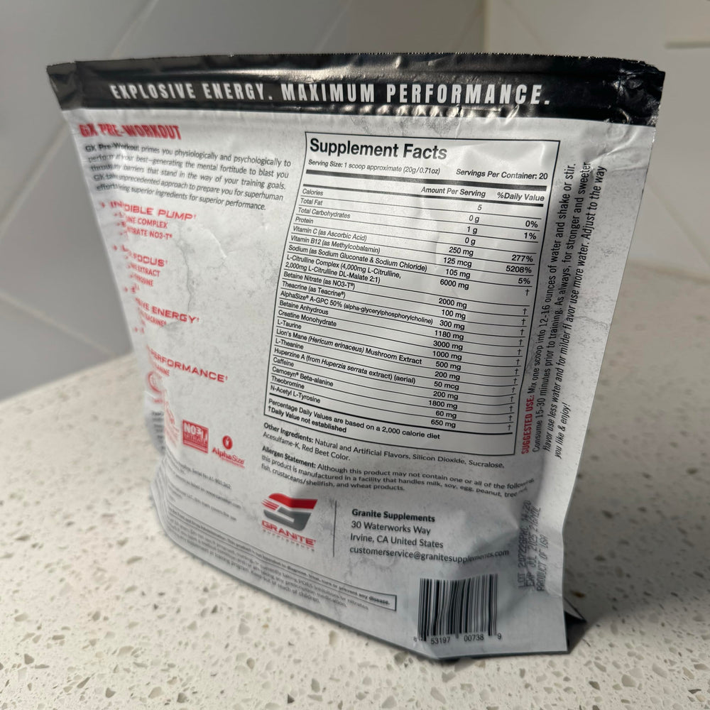 Granite GX Sour Power flavor pour, quick visual of a tangy pre-workout ritual.