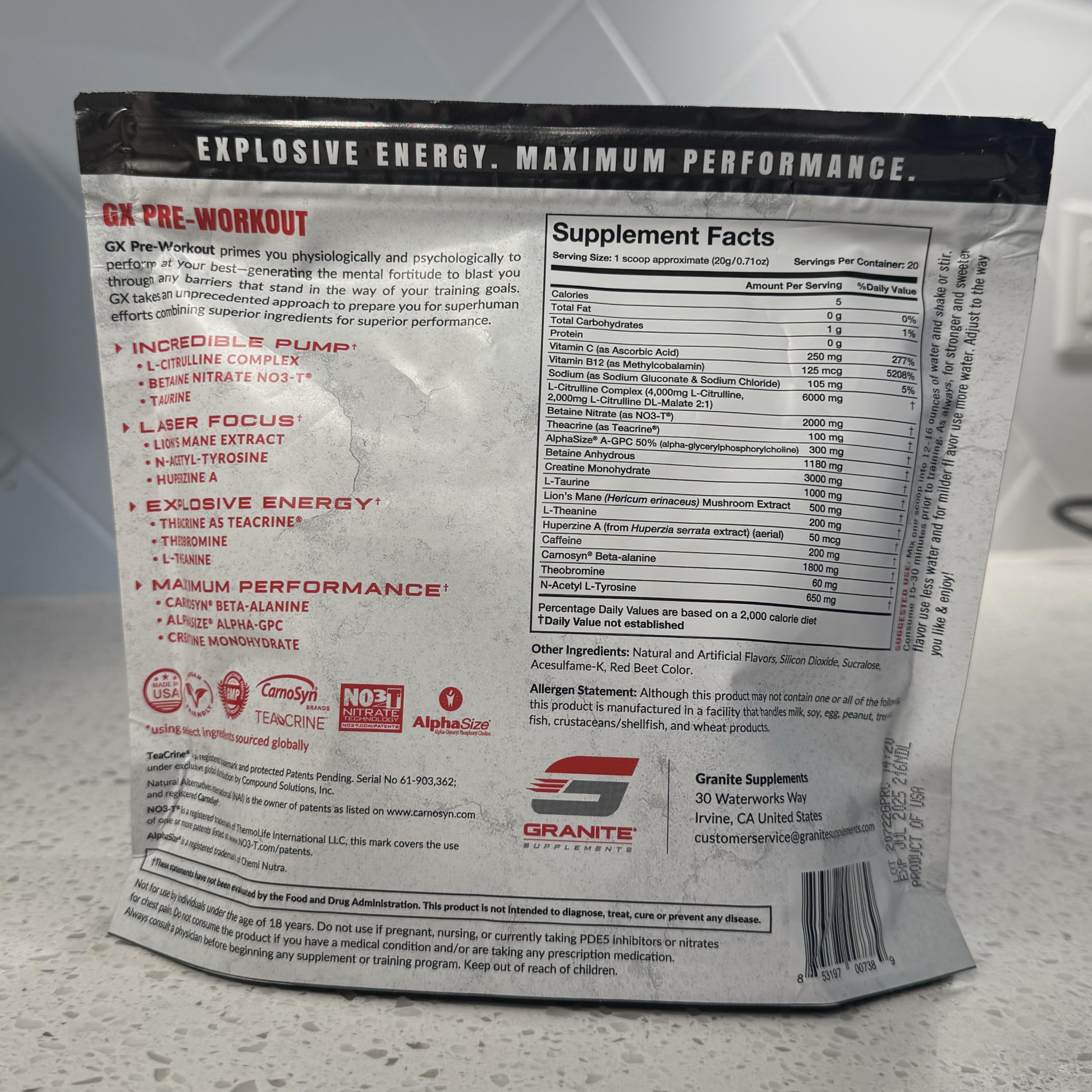 Granite GX ingredient panel highlighting Teacrine and L-Citrulline for focus and pumps.
