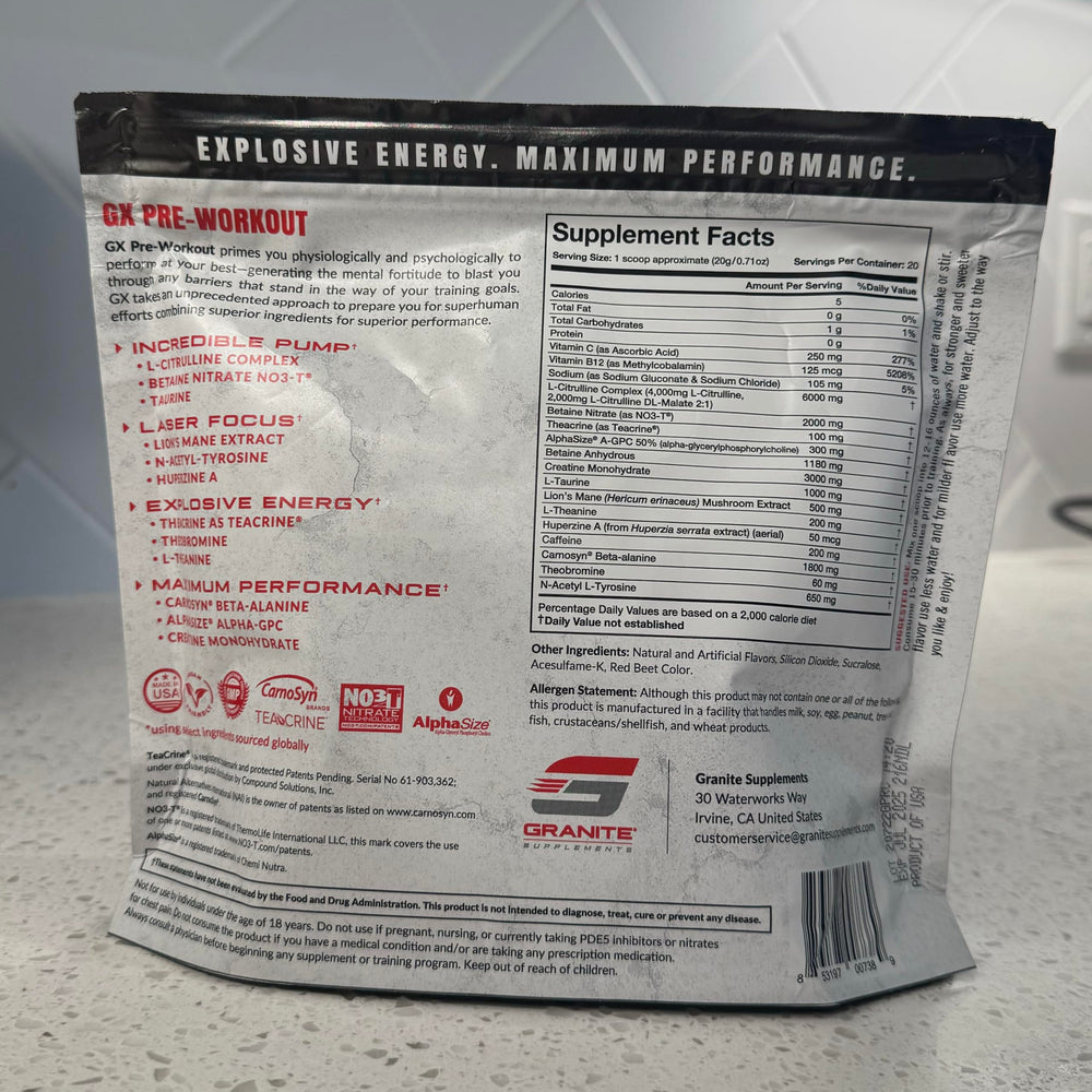 Granite GX ingredient panel highlighting Teacrine and L-Citrulline for focus and pumps.