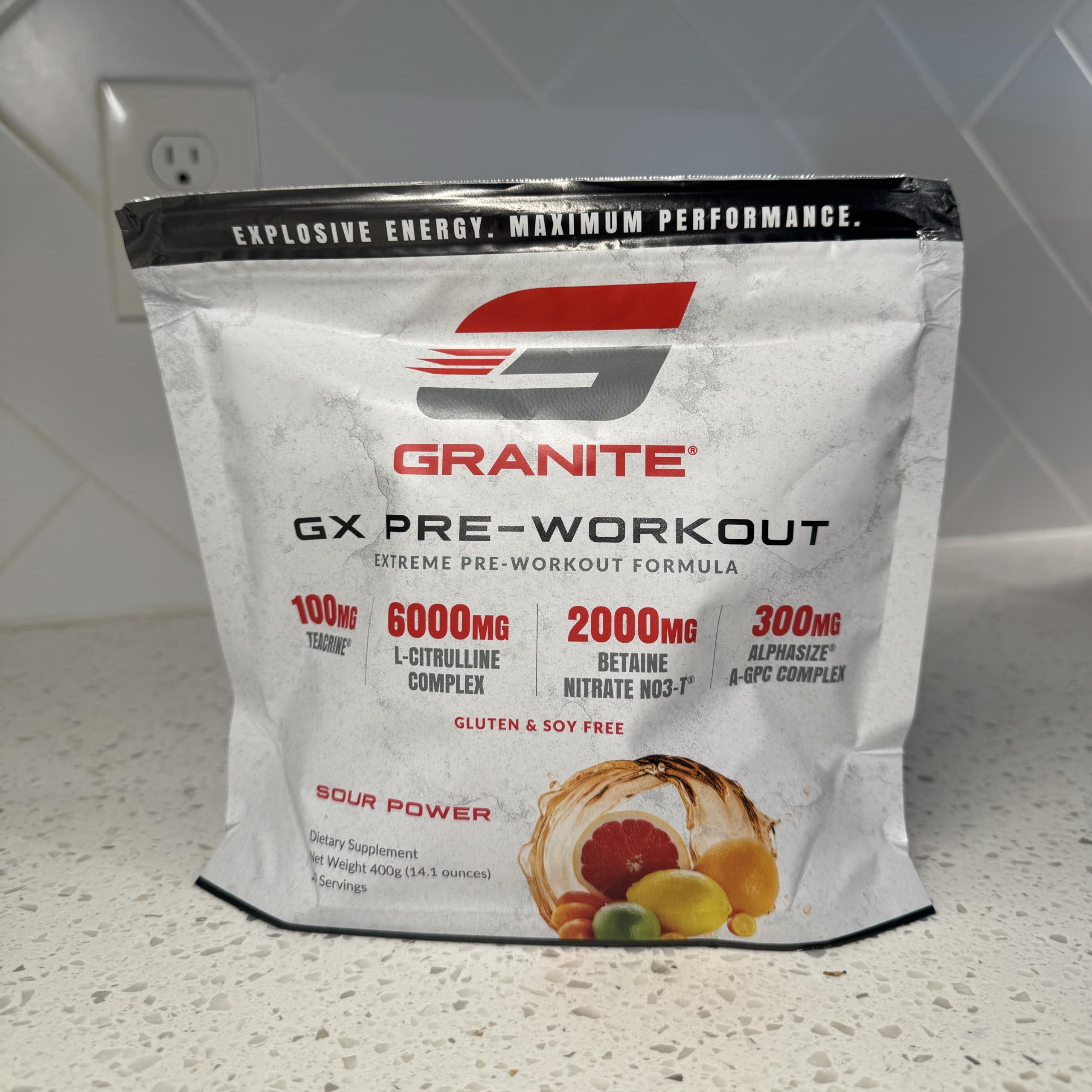 Granite GX scoop showing easy dosing to boost energy during workouts.