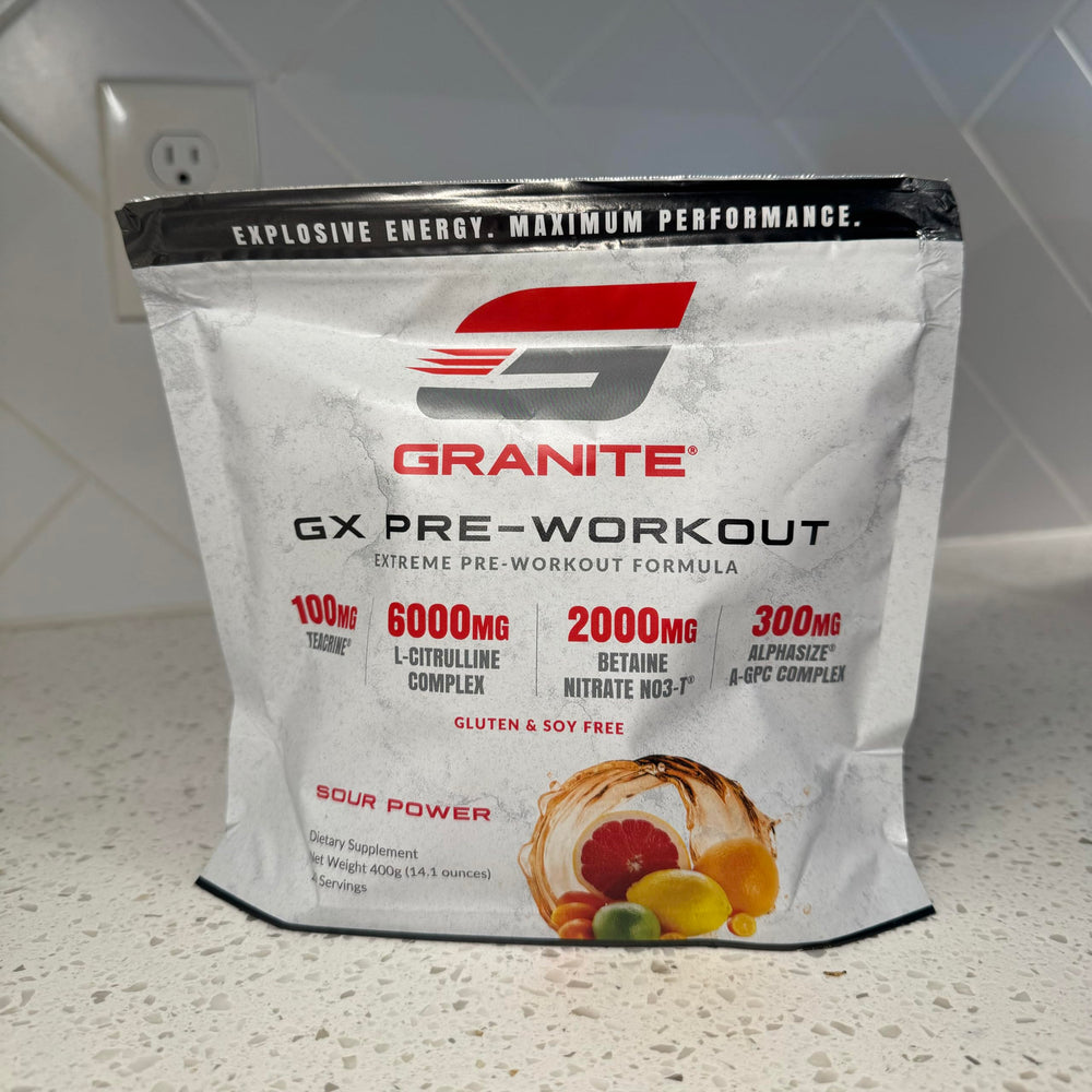 Granite GX scoop showing easy dosing to boost energy during workouts.