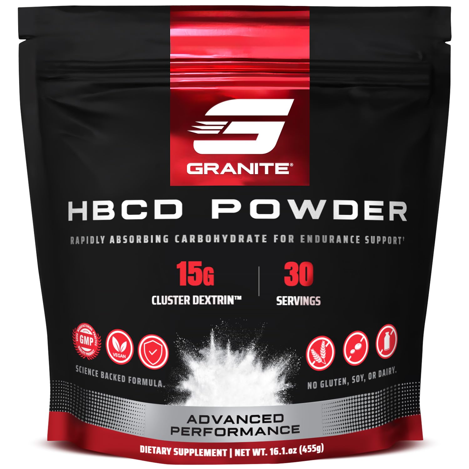 Granite Supplements HBCD powder bottle for steady energy during workouts.