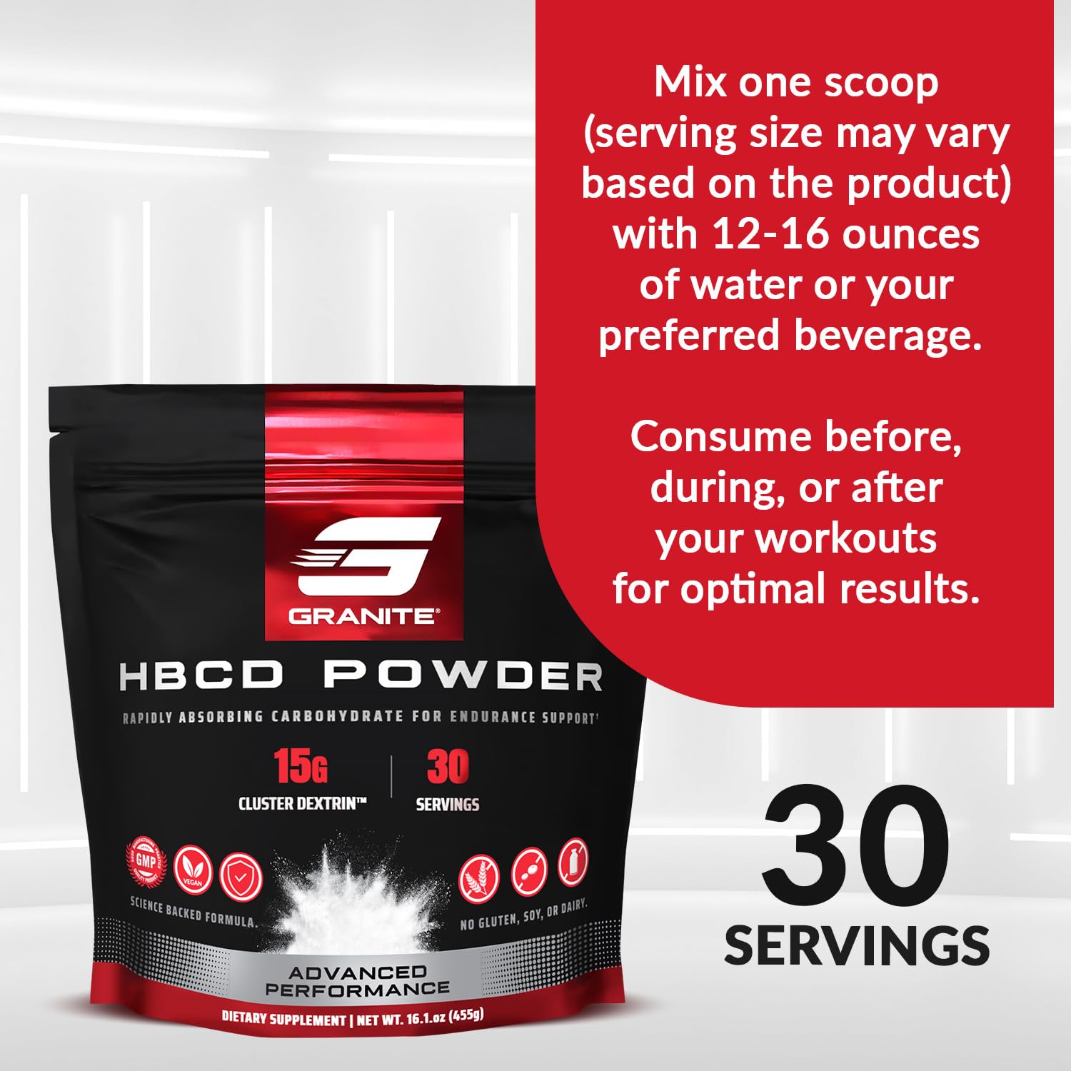 Granite Supplements HBCD powder packaging emphasizes non-GMO and gluten-free.