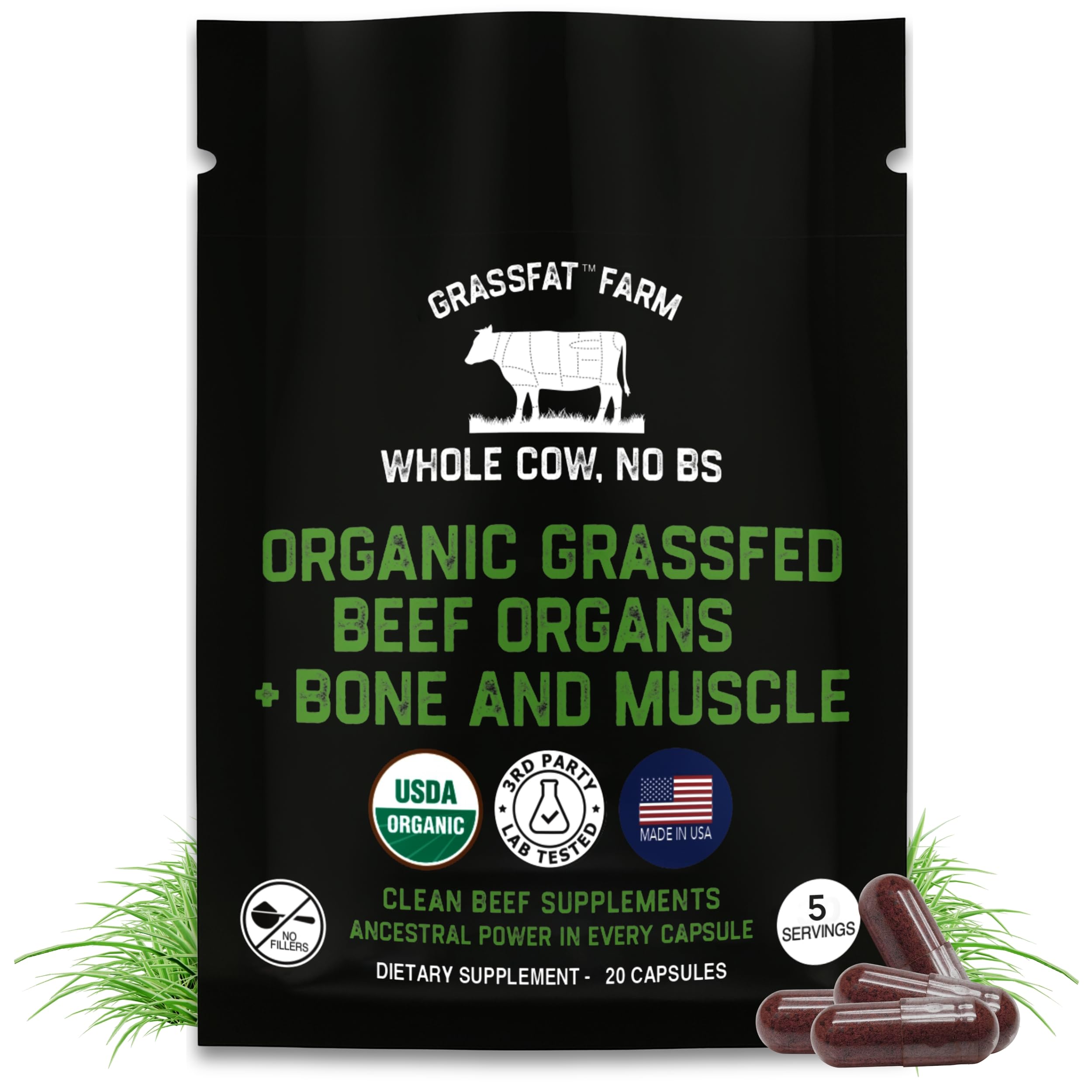 Grassfat beef organs trial bottle with capsules for easy daily nutrition.