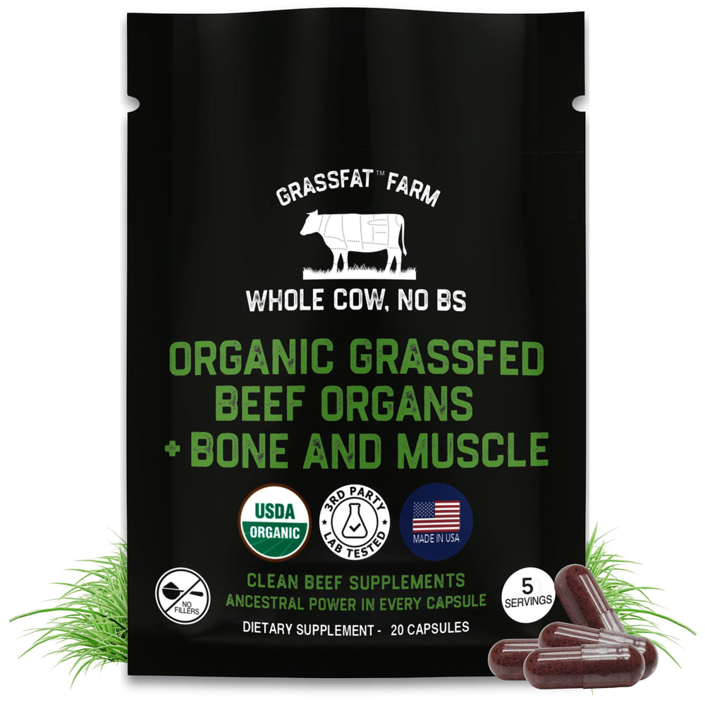 Grassfat beef organs trial bottle with capsules for easy daily nutrition.
