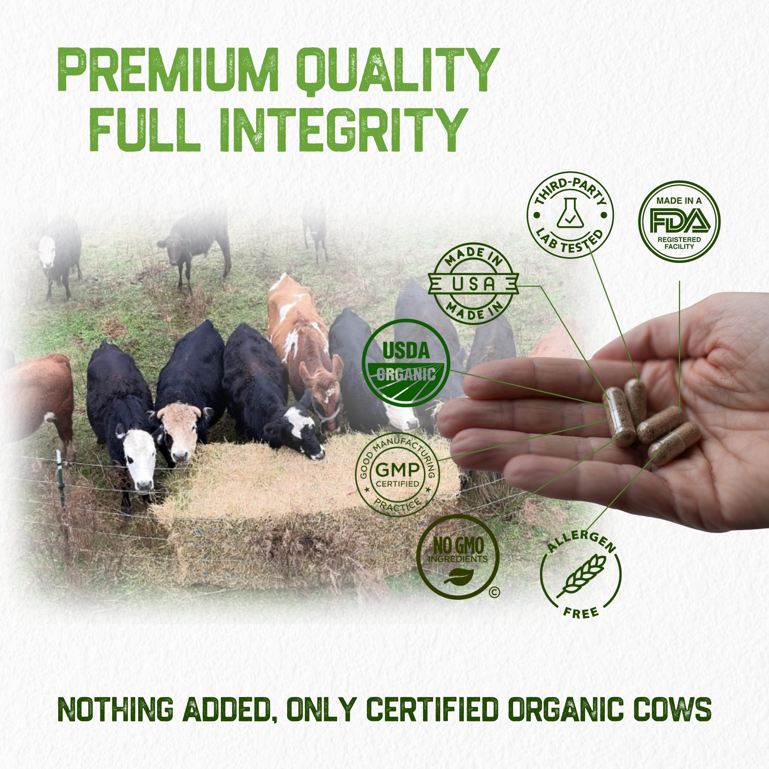Grassfat capsules close-up highlighting freeze-dried organ nutrition and clean label.