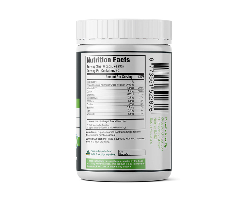 Grassland Nutrition Beef Liver capsules pouring for easy daily use.