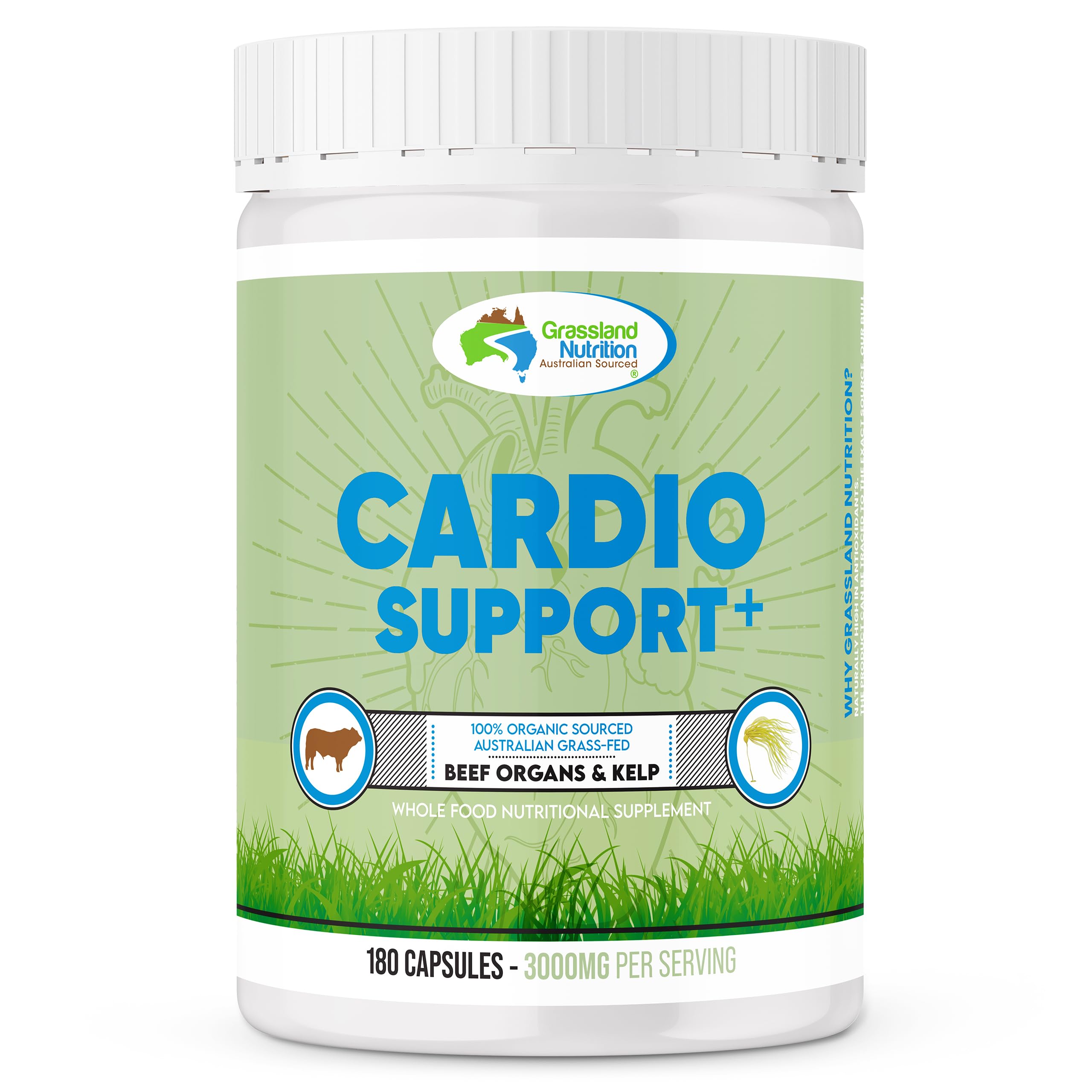 Grassland Nutrition Cardio Support beef heart image highlights CoQ10 for energy support