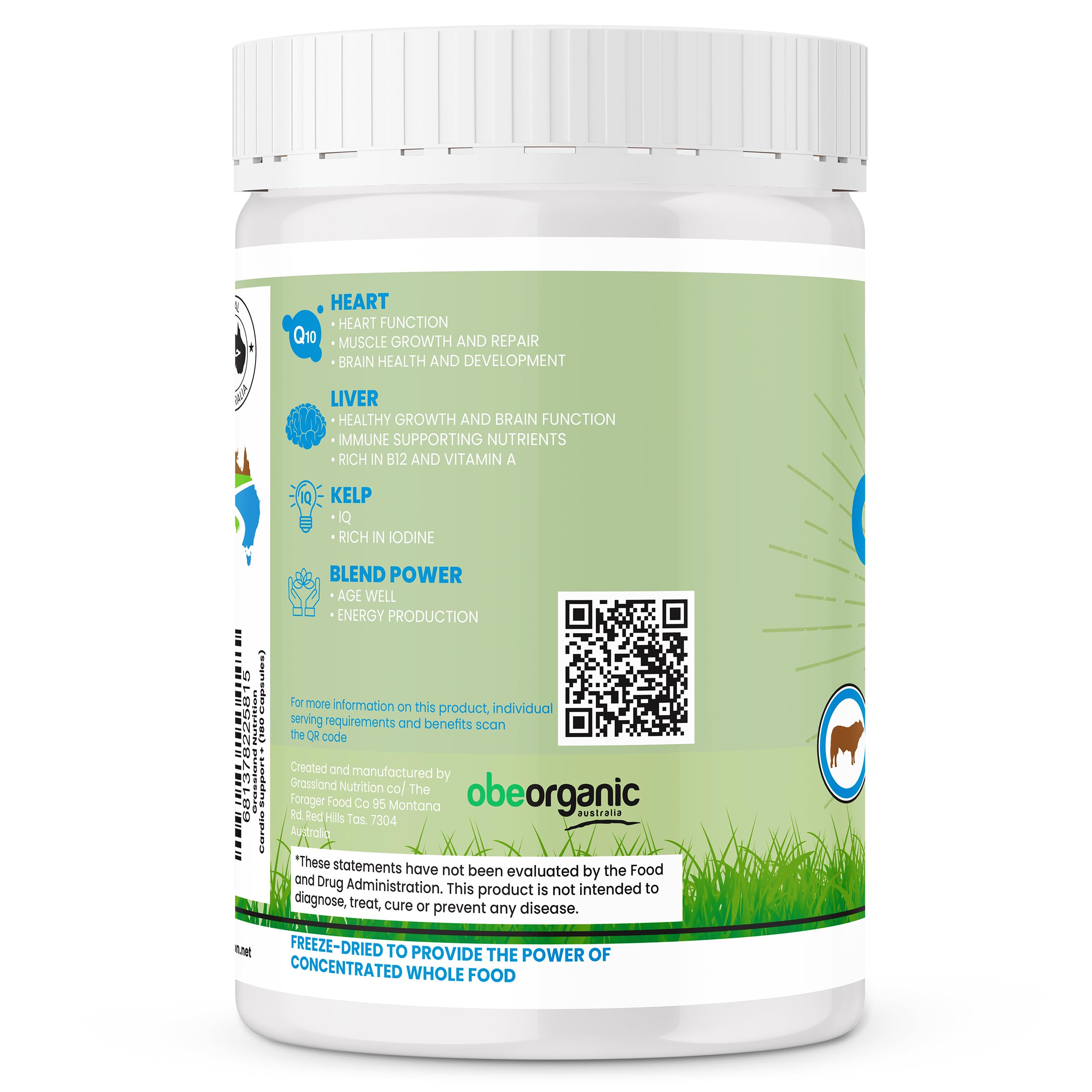 Grassland Nutrition Cardio Support kelp image emphasizes iodine for thyroid-friendly metabolism