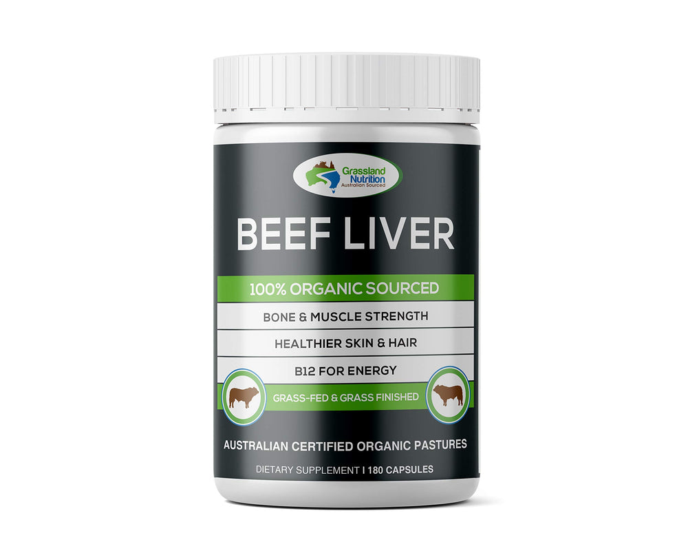 Grassland Nutrition Grass Fed Beef Liver bottle front, convenient energy-supporting supplement.