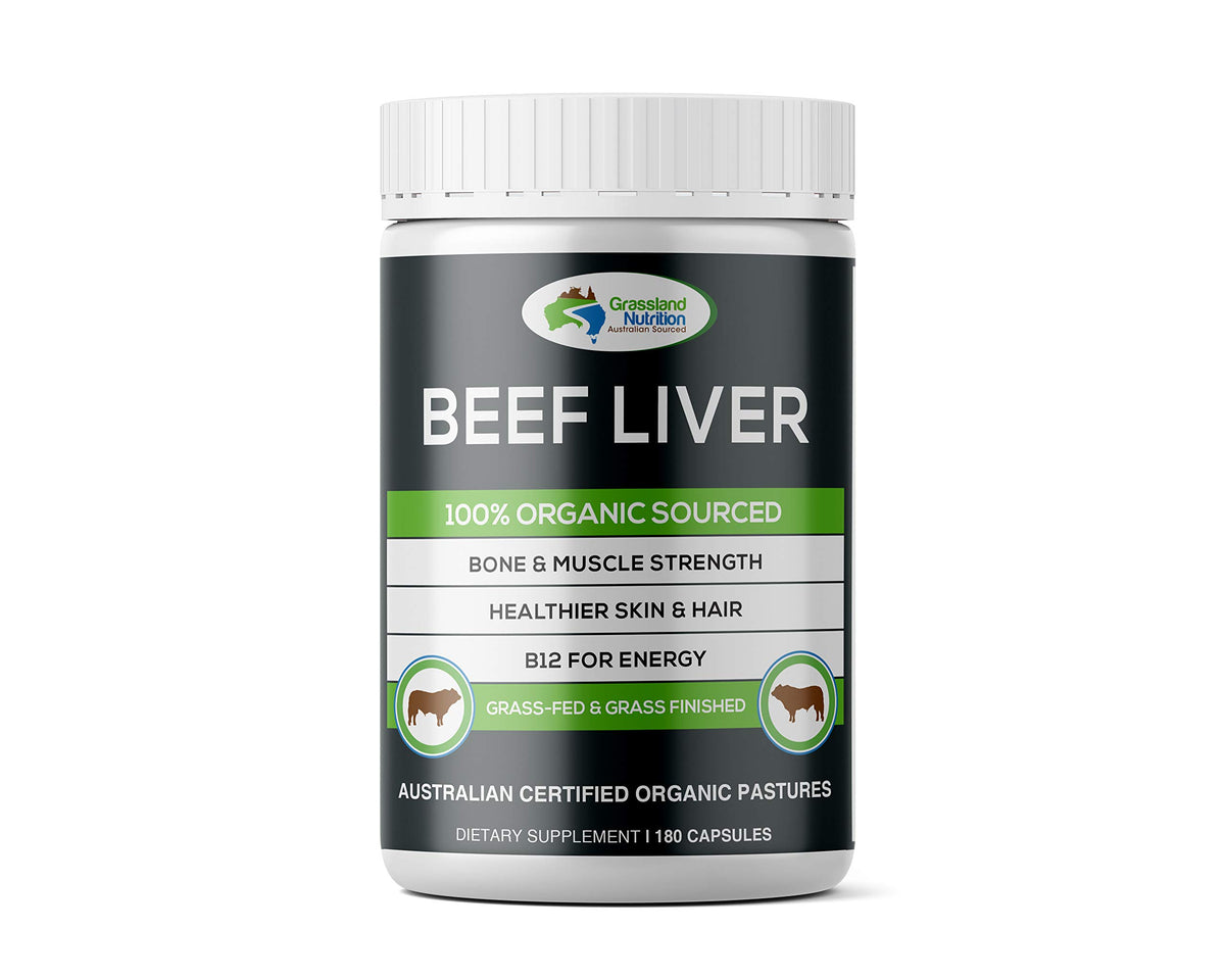 Grassland Nutrition Grass Fed Beef Liver bottle front, convenient energy-supporting supplement.