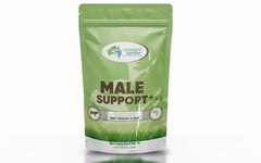 Grassland Nutrition Male Support+ powder bottle closeup showing a premium organic blend for vitality