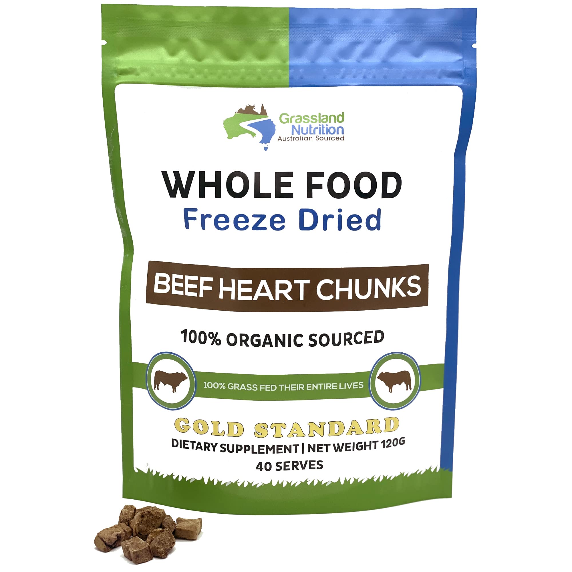 Grassland Nutrition Organic Heart Freeze-Dried Chunks on a clean surface, convenient energy snack.