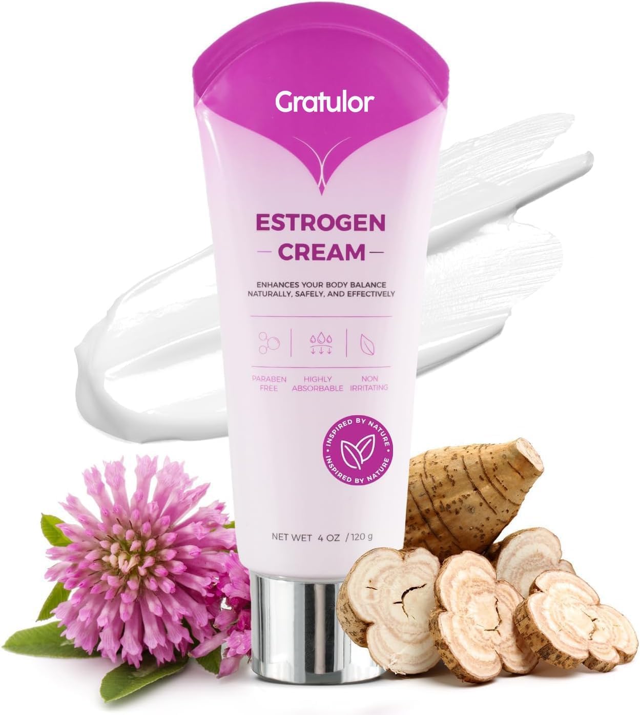 Gratulor Estrogen Cream bottle closeup highlighting phytoestrogen support for menopause