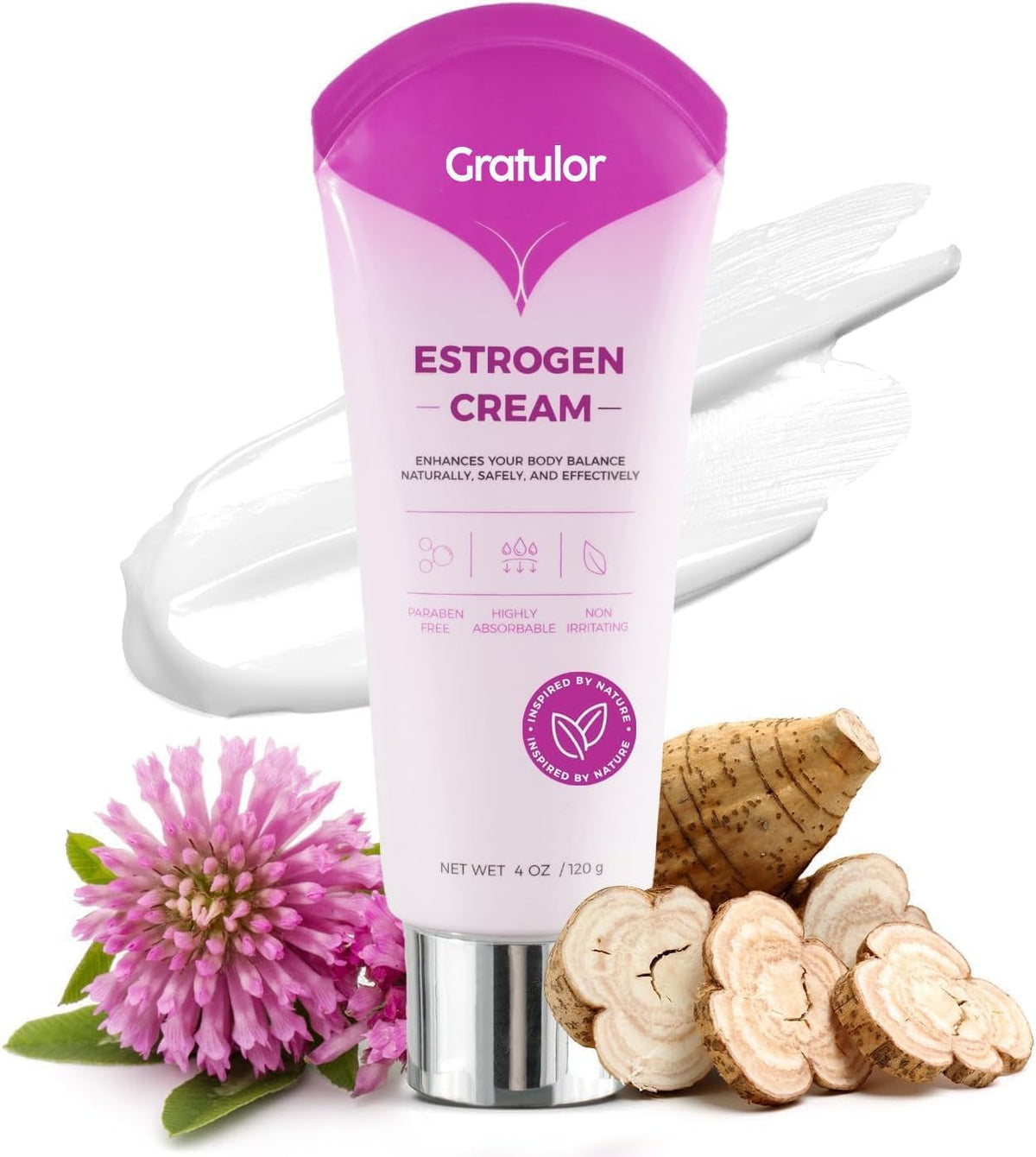 Gratulor Estrogen Cream bottle closeup highlighting phytoestrogen support for menopause