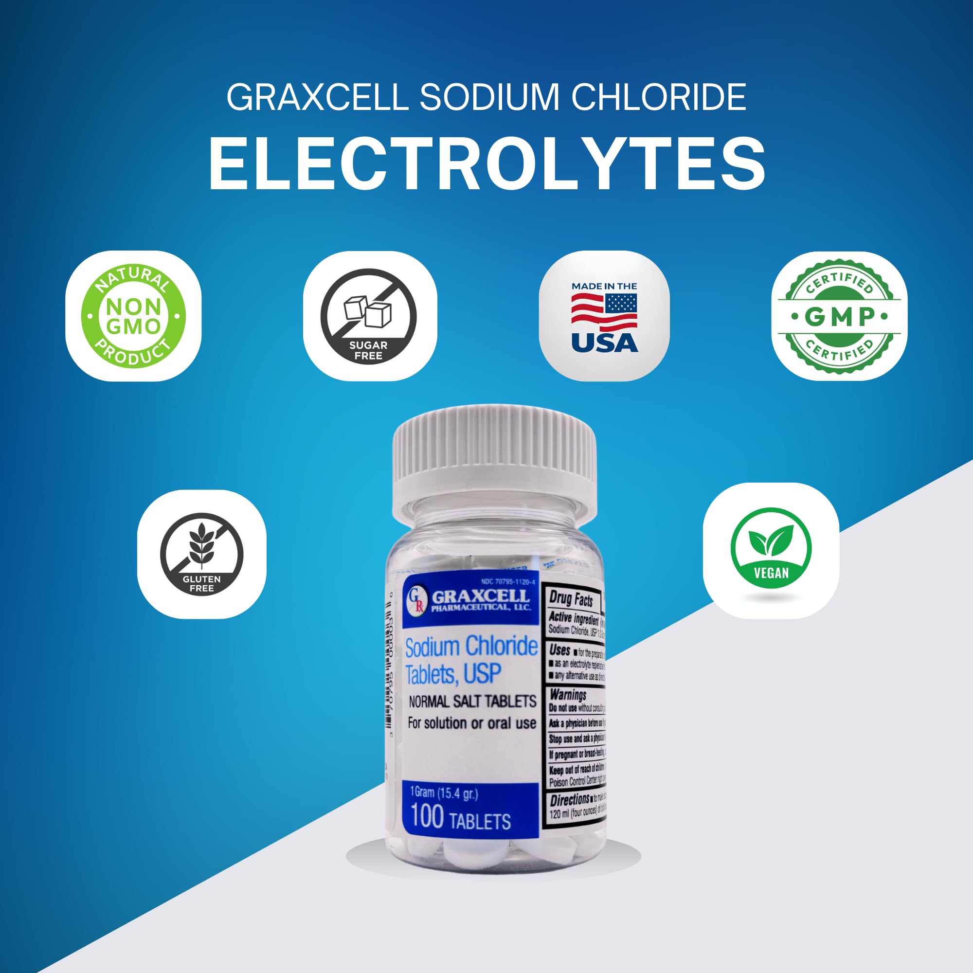 Graxcell Sodium Chloride Tablets 1g close up showing precise dosing for hydration