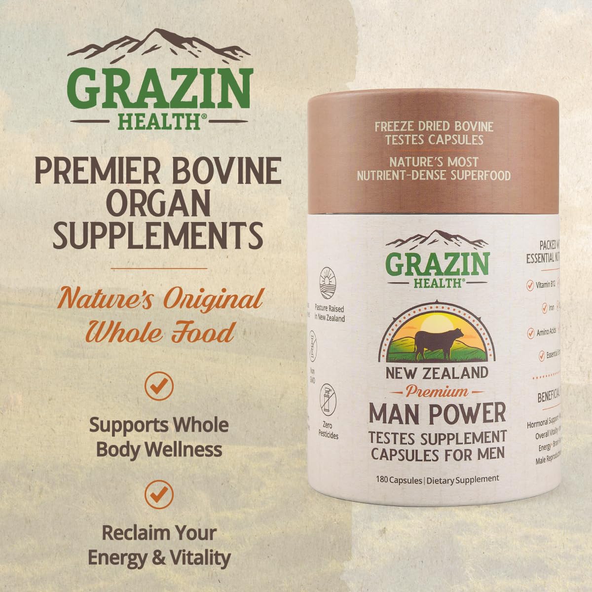 GRAZIN HEALTH label close-up highlighting clean ingredients and GMP-certified production.