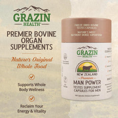 GRAZIN HEALTH label close-up highlighting clean ingredients and GMP-certified production.
