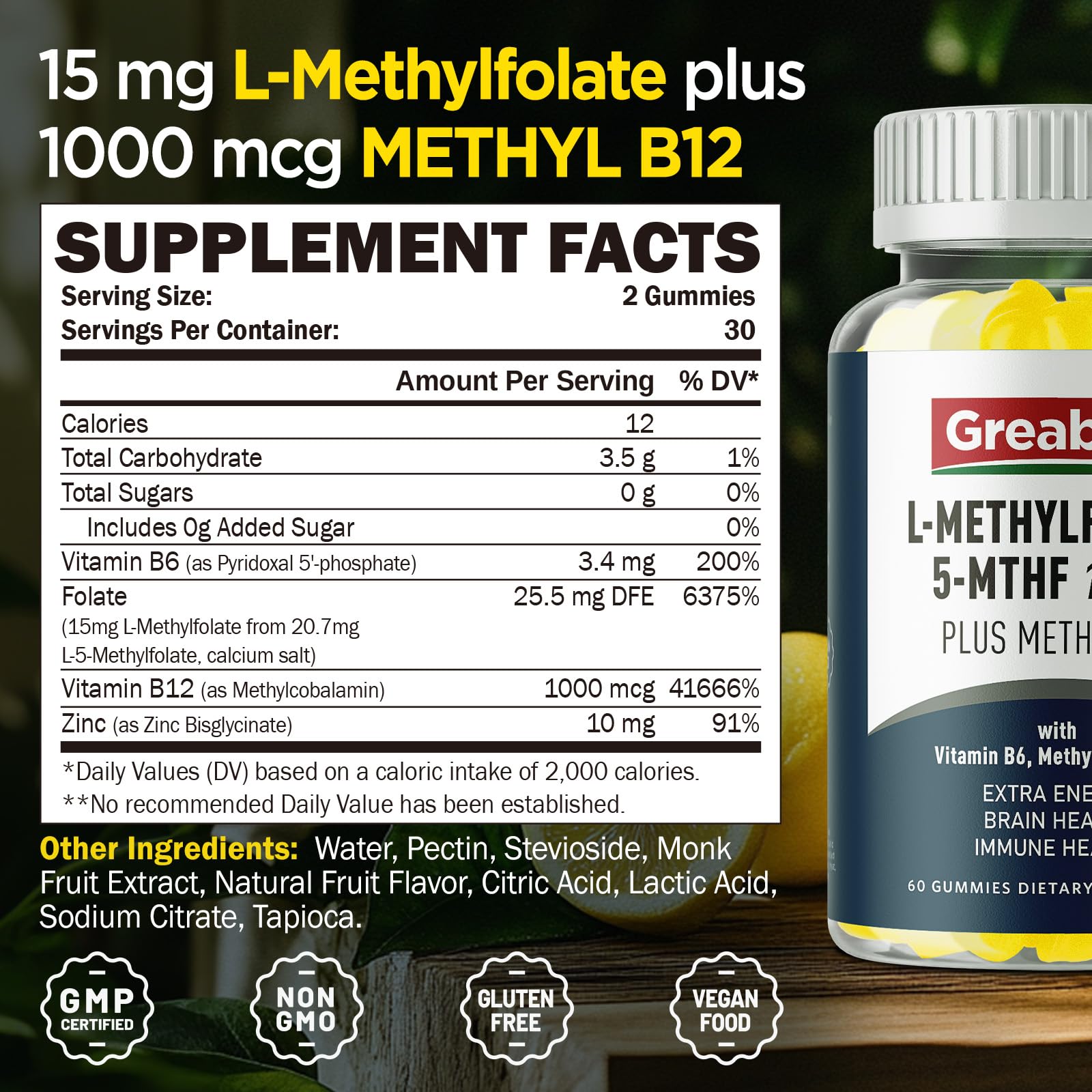 GREABBY L Methylfolate Gummies GMP-certified bottle for trusted quality.