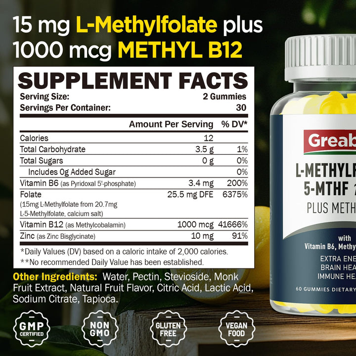 GREABBY L Methylfolate Gummies GMP-certified bottle for trusted quality.