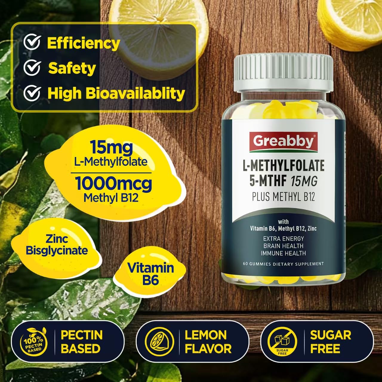 GREABBY L Methylfolate Gummies label close-up showing 5-MTHF and 1000 mcg B12.