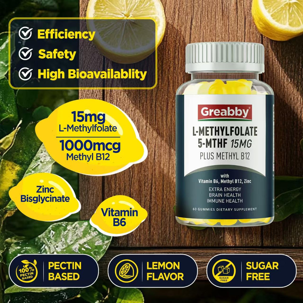 GREABBY L Methylfolate Gummies label close-up showing 5-MTHF and 1000 mcg B12.