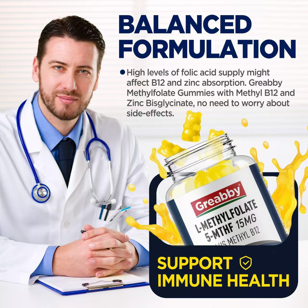 GREABBY L Methylfolate Gummies pour shot highlighting orange flavor and sugar-free formula.