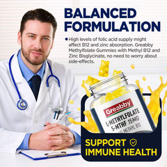 GREABBY L Methylfolate Gummies pour shot highlighting orange flavor and sugar-free formula.