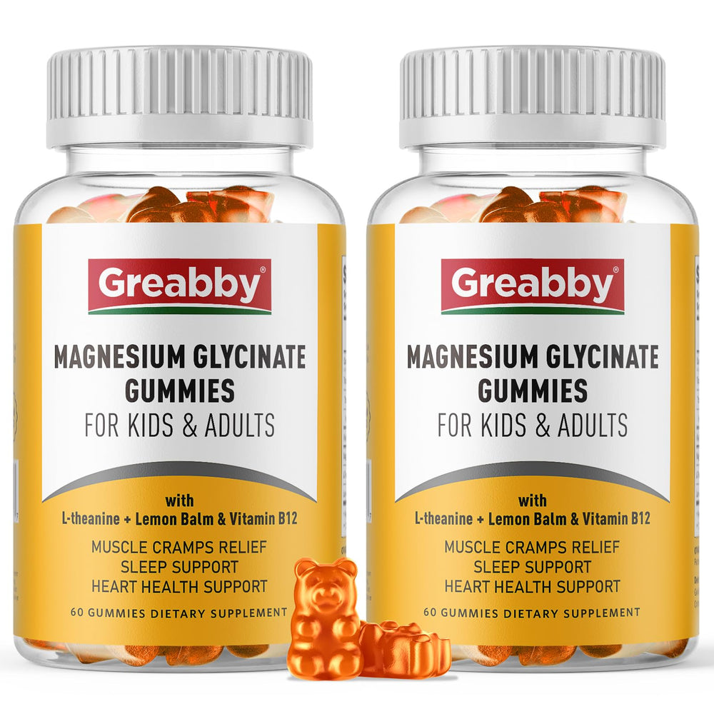 GREABBY magnesium glycinate gummies bottle highlighting 300mg chew for restful support.