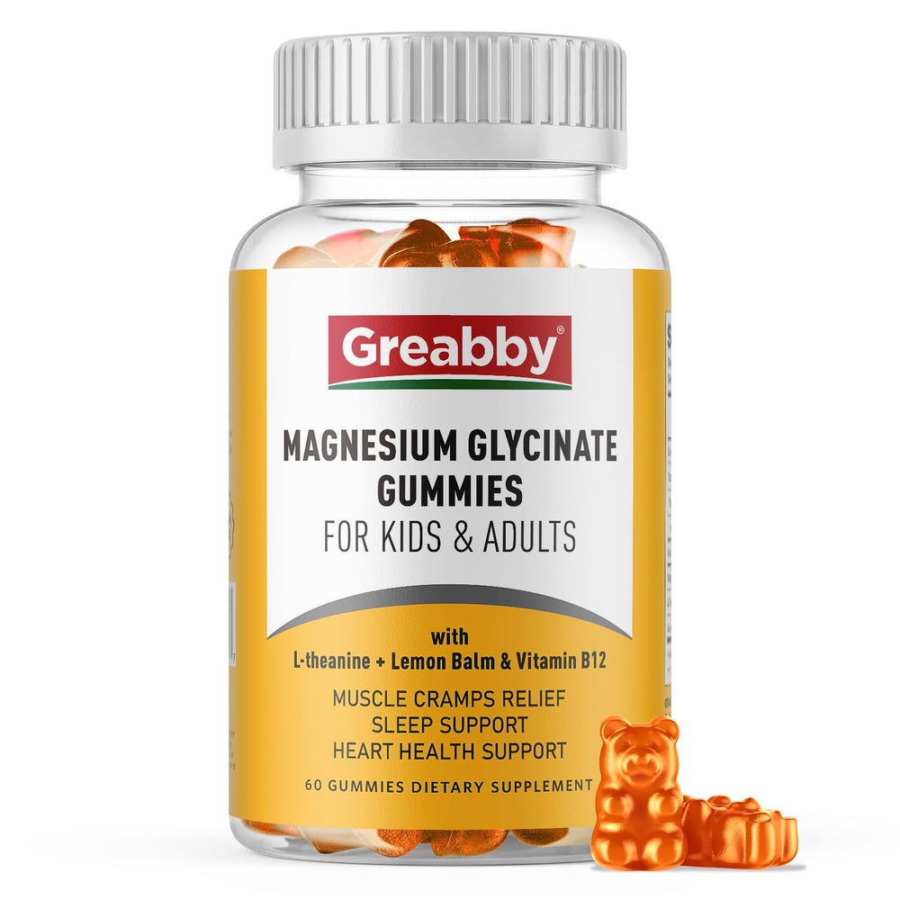 GREABBY Magnesium Glycinate Gummies bottle showcasing kid-friendly packaging for daily wellness.