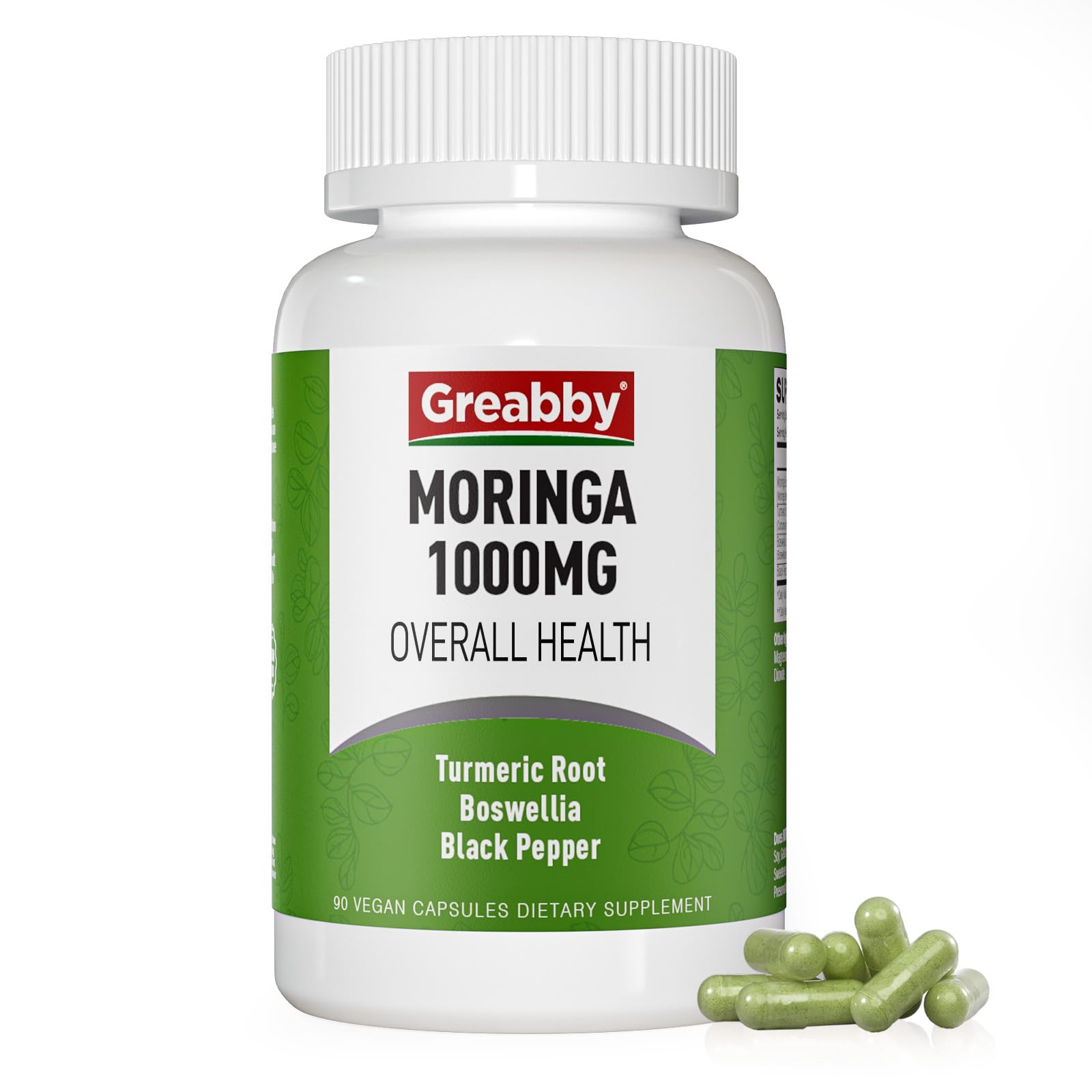 GREABBY Moringa capsules bottle front showing compact vegan capsules for daily energy support