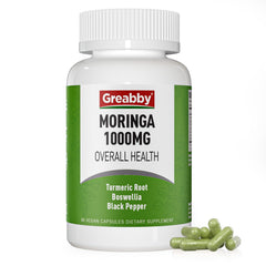GREABBY Moringa capsules bottle front showing compact vegan capsules for daily energy support