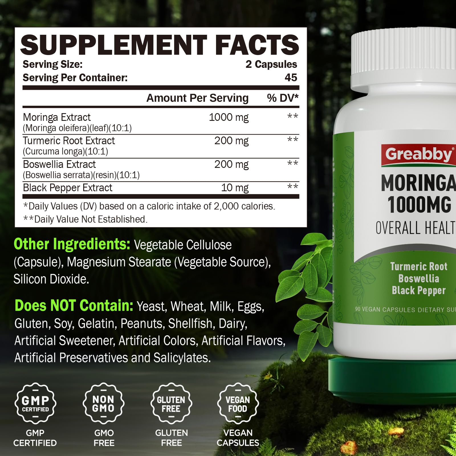 GREABBY Moringa capsules daily-usage illustrating two capsules per day