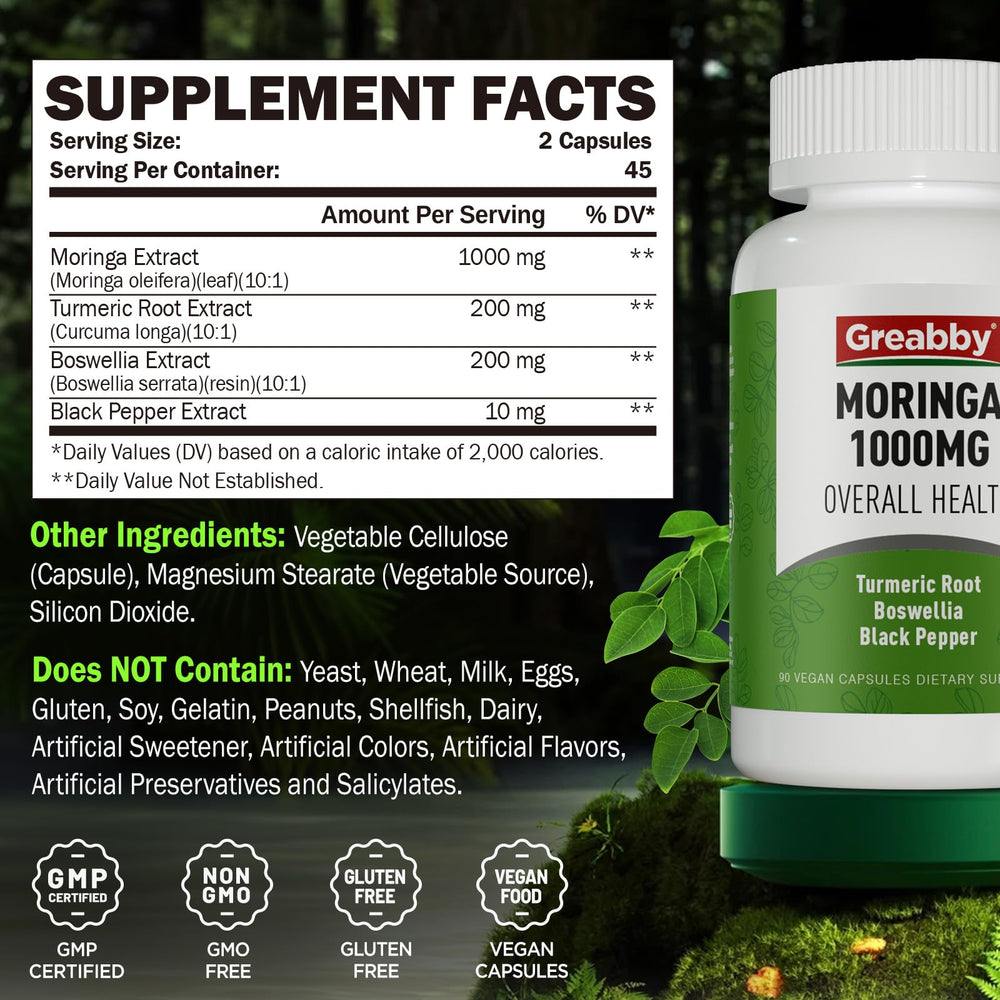GREABBY Moringa capsules daily-usage illustrating two capsules per day