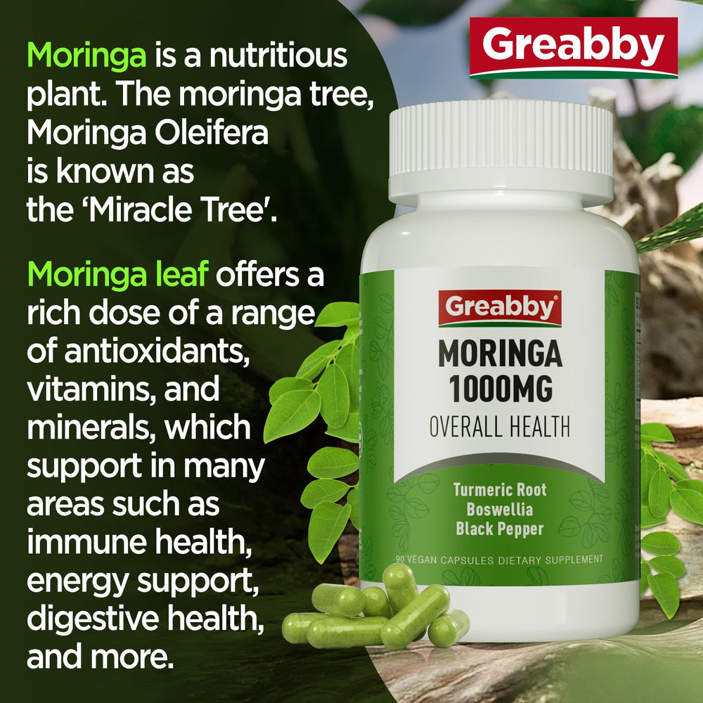 GREABBY Moringa capsules ingredients icons offering a quick ingredient overview