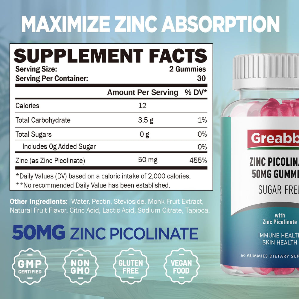GREABBY Zinc Picolinate gummies offering immune function and skin health support