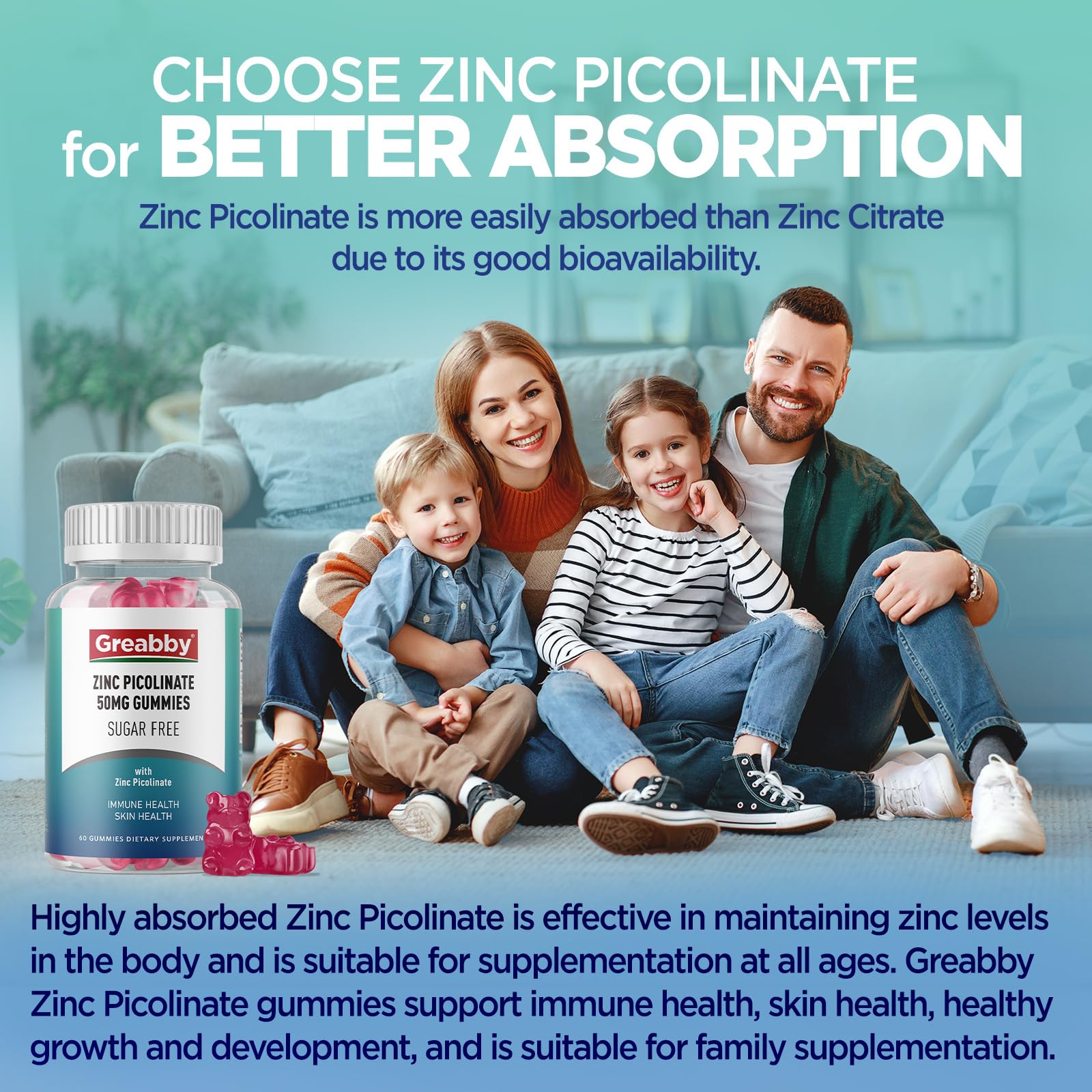 GREABBY Zinc Picolinate gummies with strawberry flavor offering sugar-free daily immune and skin health support