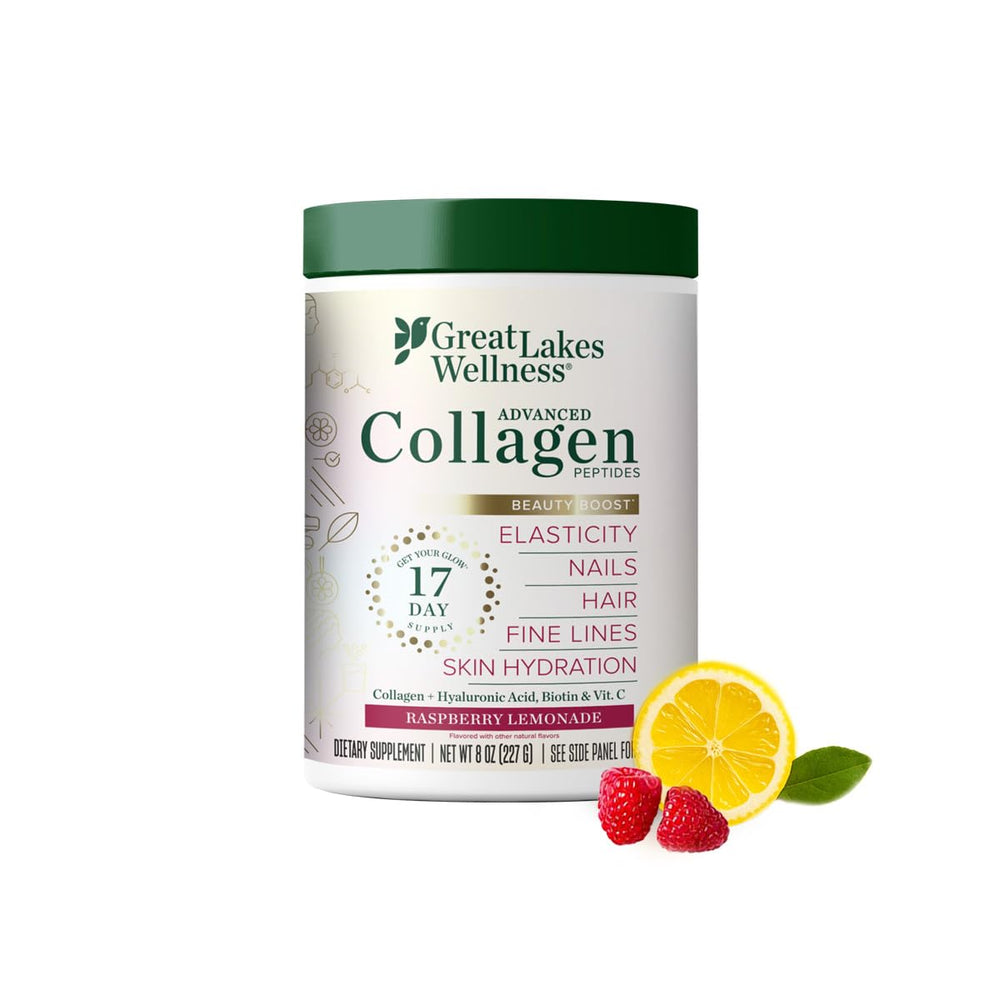 Great Lakes Wellness Beauty Boost collagen powder jar supports daily skin elasticity.