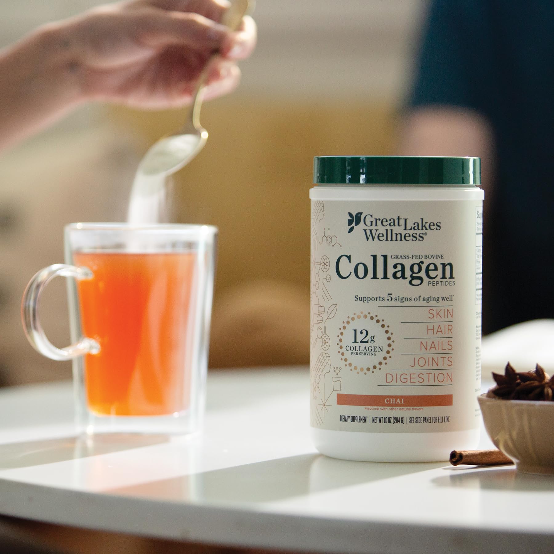 Great Lakes Wellness chai flavored collagen powder adds aroma to drinks.