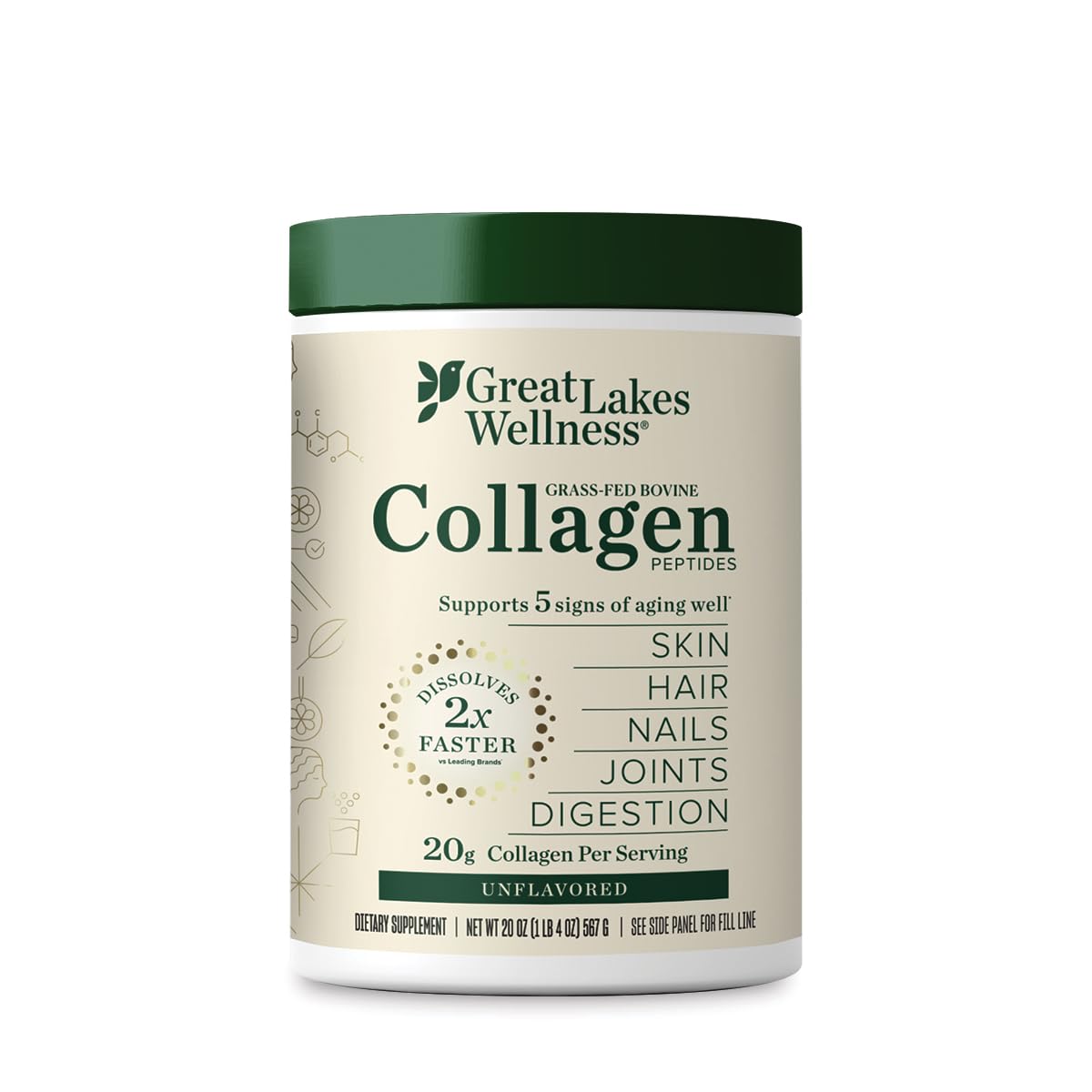 Great Lakes Wellness collagen bottle on kitchen shelf for daily wellness routine.