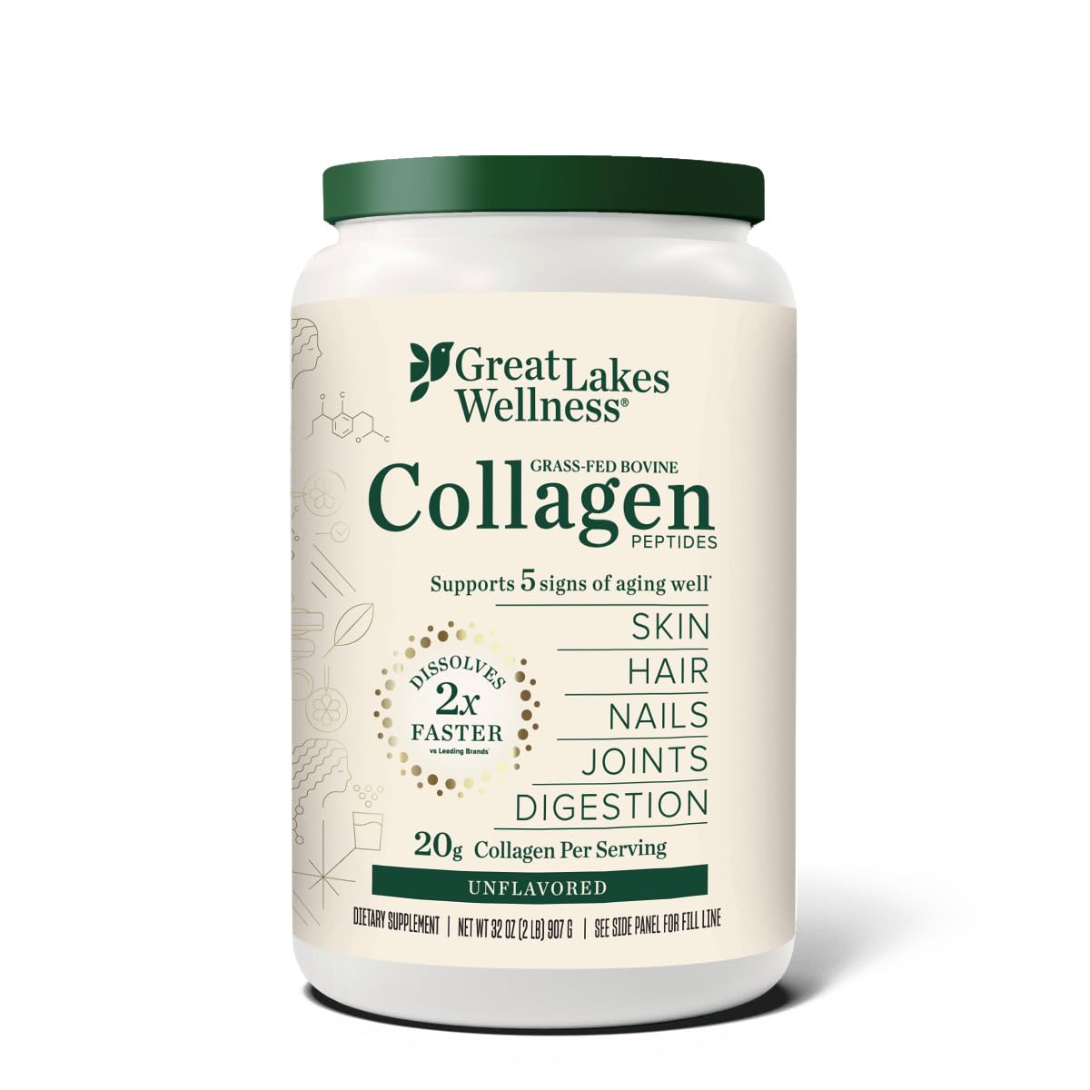 Great Lakes Wellness collagen bottle pouring for quick-dissolve daily use.