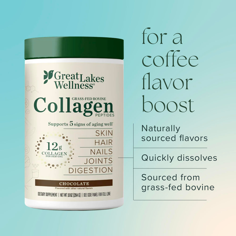 Great Lakes Wellness collagen peptides chocolate dissolving easily in liquids.