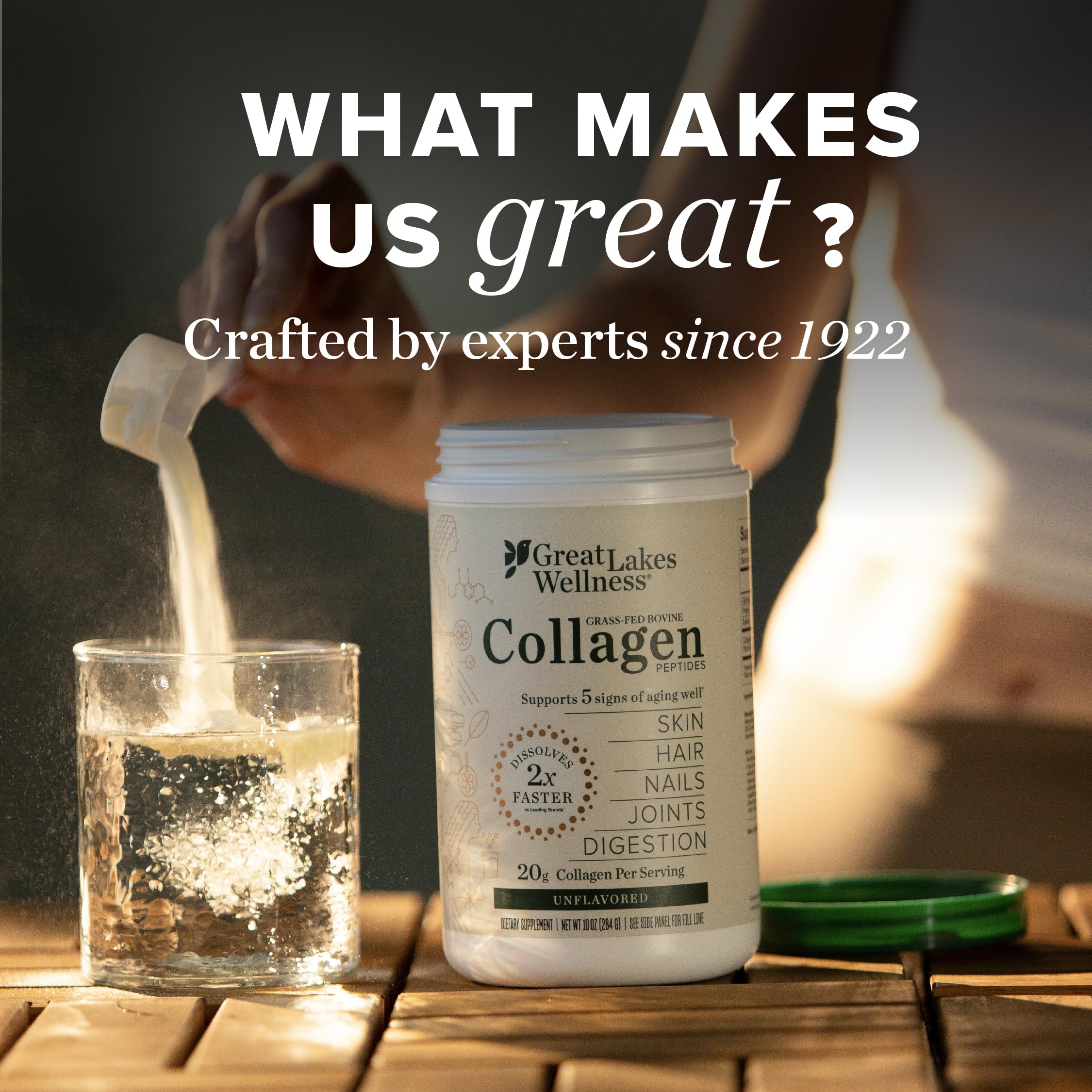 Great Lakes Wellness collagen peptides chocolate label on jar highlighting ingredients.