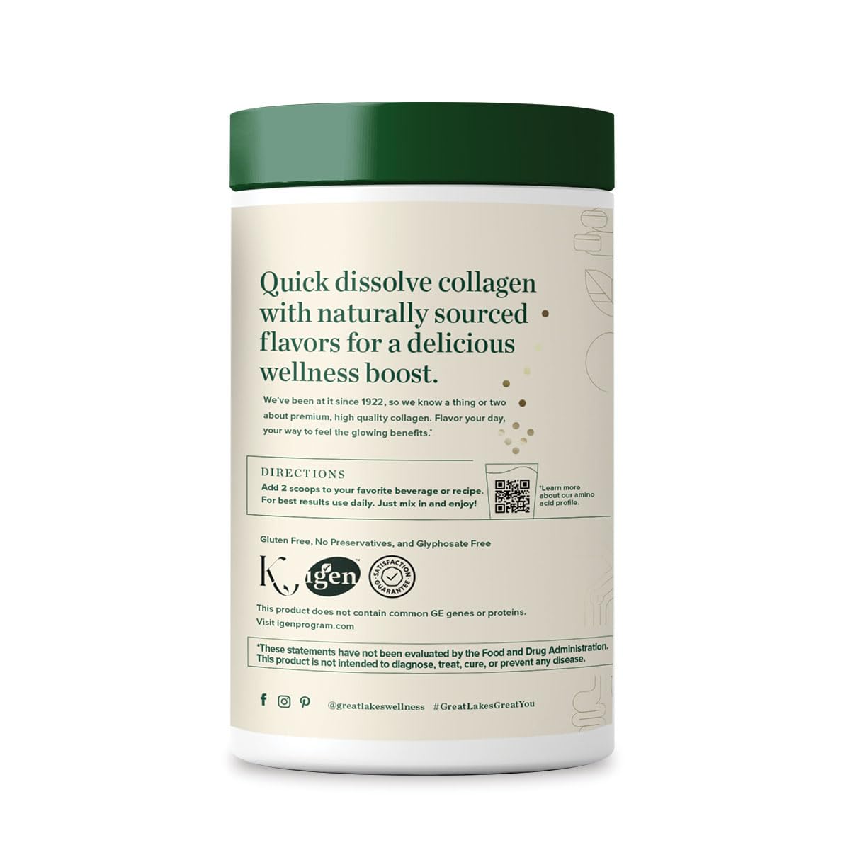 Great Lakes Wellness collagen peptides chocolate scoop beside a mug for quick mixes.