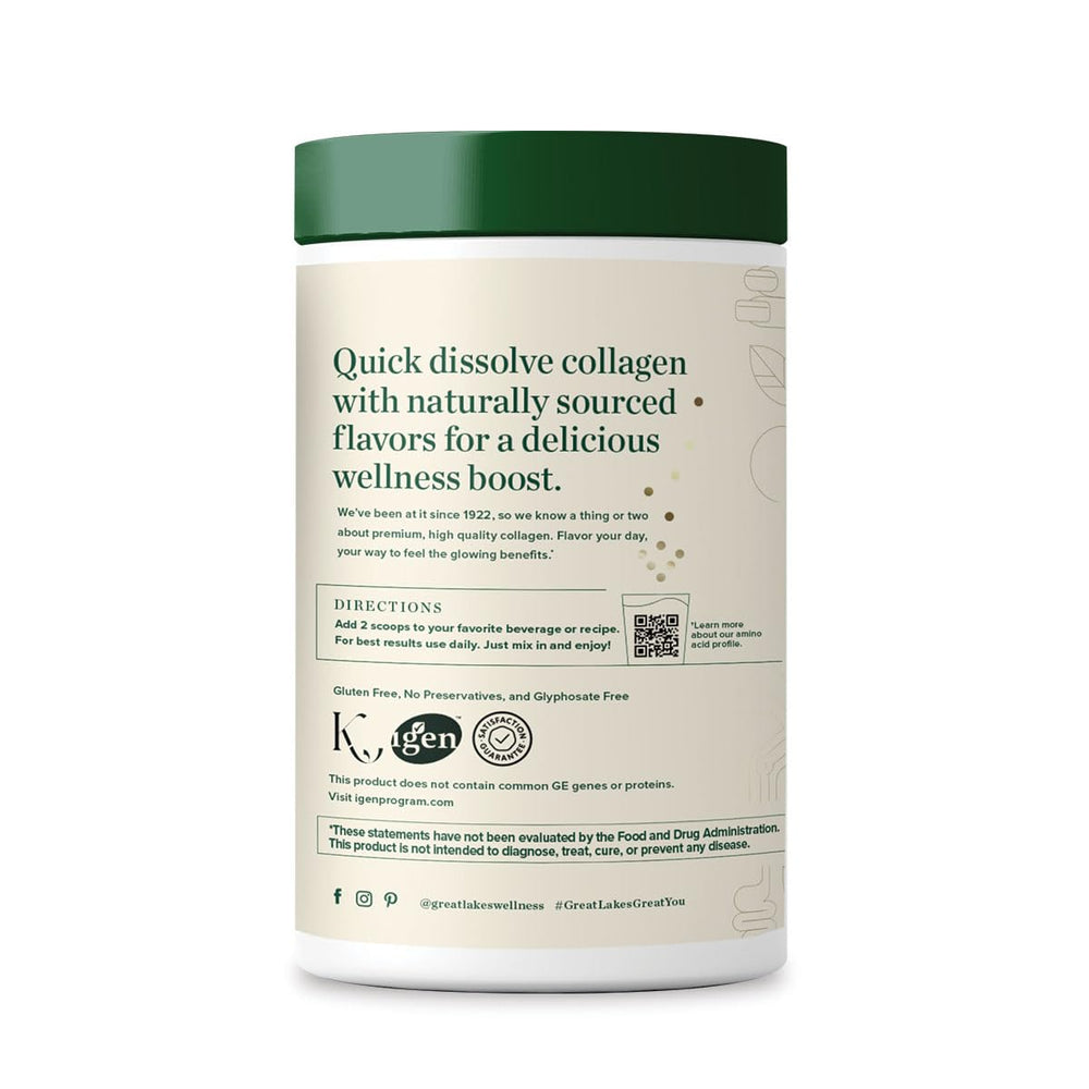 Great Lakes Wellness collagen peptides chocolate scoop beside a mug for quick mixes.
