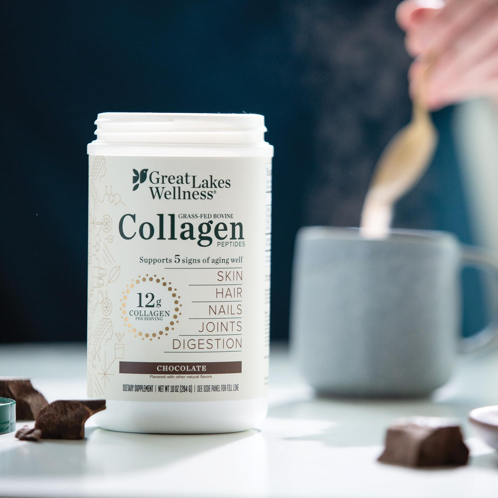 Great Lakes Wellness collagen peptides chocolate added to tea for a gentle boost.